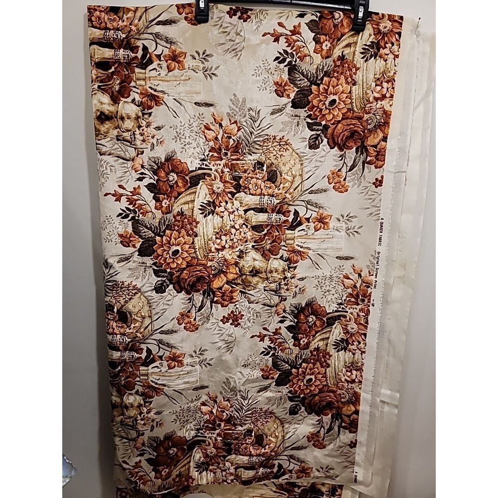 Vintage 80s Quaker Crushed Velvet Upholstery Fabric Brown Tan Floral Chair Couch - Picture 2 of 8